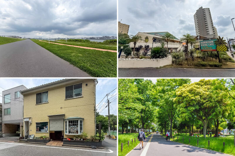 <b>左上・</b>「荒川河川敷」は、親子でのサイクリングやペットとのお散歩にぴったり。空が大きく開けた河川敷は、とても気持ちがいいですよ。(徒歩7分)/<b>右上・</b>パンケーキが人気のハワイアンレストラン「ラ・オハナ 南砂店」。夜は店先の炎が灯り、ちょっとしたリゾート気分を味わえます。(徒歩19分)/<b>左下・</b>「aoiケーキ店」には、季節ごとにラインナップが変わるケーキが並びます。おいしいケーキ屋さんは、来客時に助かります。(徒歩9分)/<b>右下・</b>「南砂3丁目公園」は大きな公園。ボールが使えるグラウンドや、バスケットゴールも併設されています。(徒歩7分)