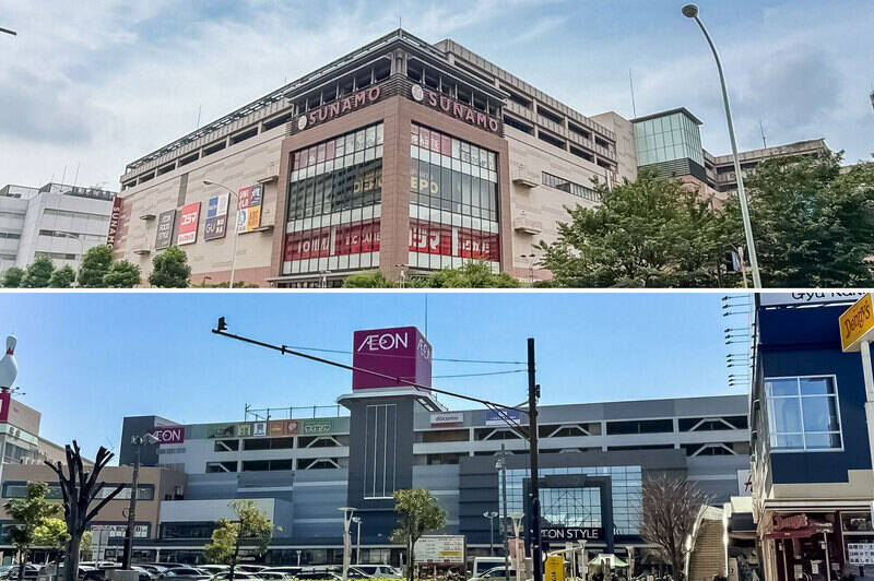<b>上・「南砂町ショッピングセンターSUNAMO(スナモ)」</b>は、ファッションや生活雑貨、スーパー、飲食店などが揃う大型商業施設。「UNIQLO」「GU」「無印良品」「西松屋」「カインズ」など、近くにあるとうれしいチェーン店が揃っていますよ。(徒歩5分)/<b>下・「トピレックプラザ」</b>も地域の暮らしを支える大型ショッピングモール。定期的に出店する八百屋さんは、果物や野菜がお手頃価格で購入できておすすめ! と、売主さまから教えていただきました。(徒歩9分)