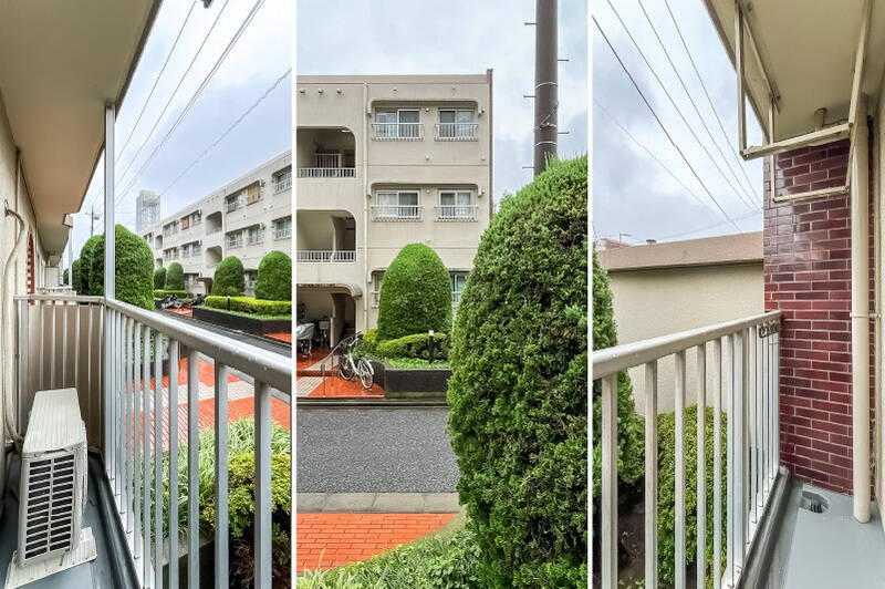 洋室Bから出入りできるバルコニー。眺望はマンションのもうひとつの棟に面するため、視界の抜けはありません。一方で、人の往来は比較的少ない印象です。