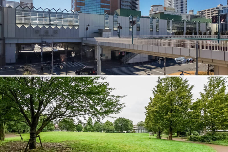 <b>上・</b>最寄りは「練馬」駅(徒歩12分)。駅前には商業施設「エミオ練馬」や「ココネリ」をはじめ、日常使いしやすいお店が揃います。/<b>下・</b>広い原っぱが目印の「中村かしわ公園」はマンション敷地の道路向かいにあります。(徒歩1分)