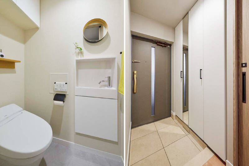 <b>左・</b>トイレには独立手洗いカウンターを完備。／<b>右・</b>玄関には姿見付きのトールタイプのシューズボックスがあります。それでは、お邪魔しました〜！