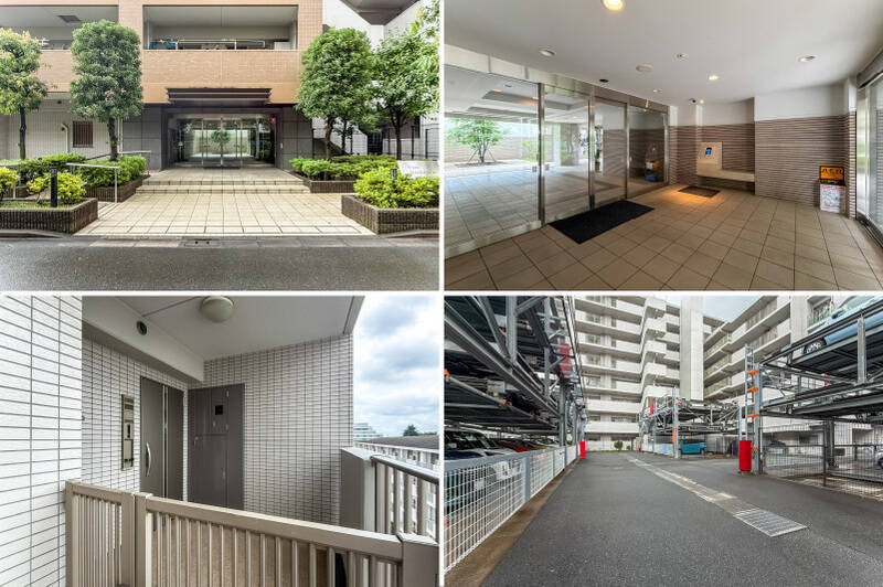 <b>左上・</b>青々とした植栽が迎えてくれるアプローチ。/<b>右上・</b>オートロックを備えているほか、管理人さんは週6日勤務で安心感のある管理体制です◎/<b>左下・</b>今回ご紹介した住戸は6階の角に所在します。玄関前にはポーチが設けられ、プライベート感のあるつくりです。/<b>右下・</b>2026年7月時点で、<b>機械式駐車場に空きがあります</b>。サイズ制限や最新の空き状況はお気軽にお問い合わせくださいね。