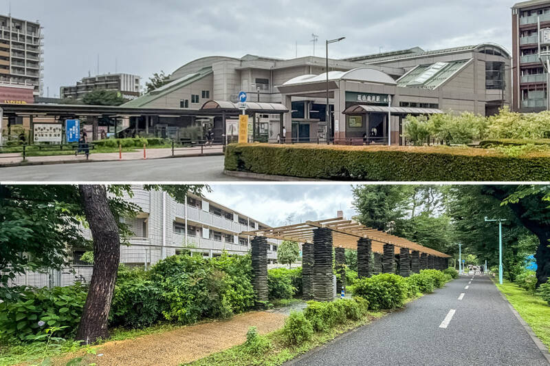 <b>上・</b>最寄りの西武新宿線「花小金井」駅。「西武新宿」駅までは乗り換えなしで約27分。「池袋」駅までは乗り換え1回で約33分と、ビッグターミナルへのアクセスも良好です。(徒歩15分)/<b>下・</b>駅からマンションへ向かう道中には「小平グリーンロード」が続きます。四季折々の緑を感じながら歩ける、街のシンボルのような遊歩道。お散歩やジョギングコースとして親しまれています。(徒歩8分)