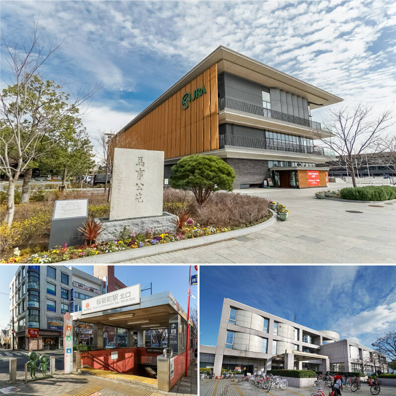 <b>上・</b>無料で入場でき、馬が駆ける様子を間近で見られる「馬事公苑」。馬とのふれあいイベントが開催されることも。（徒歩7分）／<b>左下・</b>最寄りは田園都市線「桜新町」駅。都心に近いながら落ち着いた住環境が魅力です。（徒歩10分）／<b>右下・</b>「世田谷区立中央図書」は図書館だけでなくプラネタリウムも併設しています。（徒歩10分）