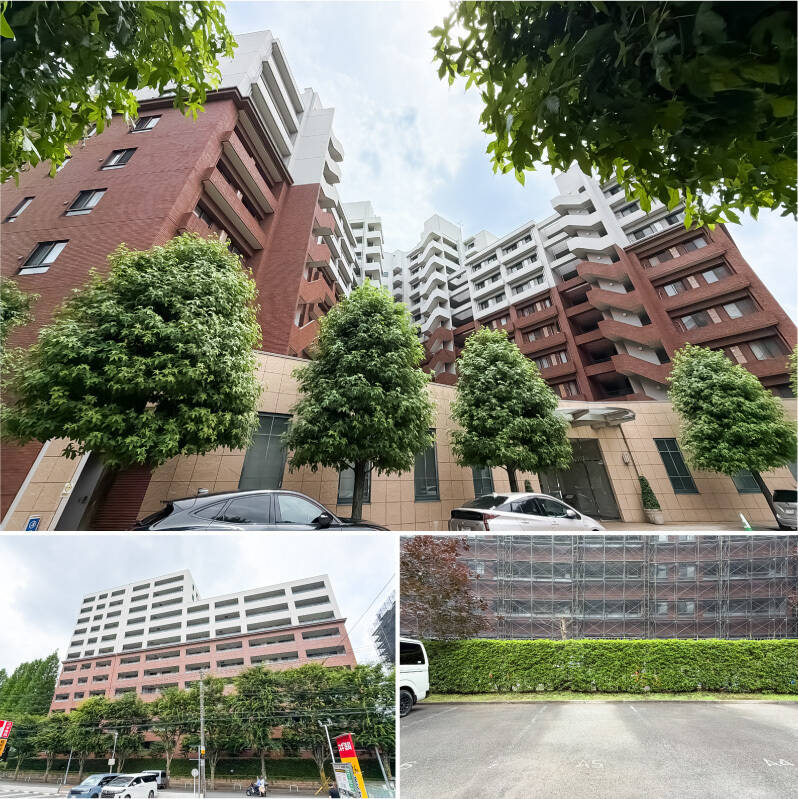 <b>上・</b>野村不動産都市開発・三井不動産が分譲し、大林組他が施工を手掛けています。1997年築、全359戸の大規模なマンションです。メインエントランスの前には大きな車寄せがあり、住民やゲストを出迎えます。／<b>左下・</b>ご紹介する住戸が所在する棟。／<b>右下・</b>中庭にある平置き駐車場。写真中央の区画の専用使用権が付帯しており、月額24,000円で利用可能です。
