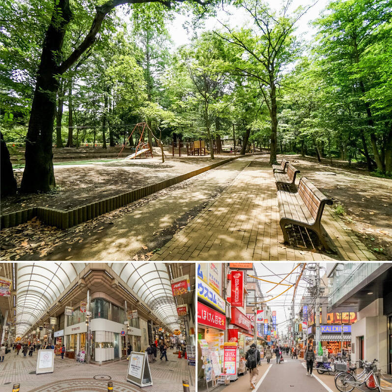 <b>上・</b>木々が生い茂る「林試の森公園」まで徒歩3分。せせらぎにじゃぶじゃぶ池、遊具の充実した広場や冒険広場まで。お子さまにとっては恰好の遊び場、そしてワンコにとってはうれしいお散歩コースです。／<b>左下・</b>再開発が続く「武蔵小山」駅前ですが、アーケードがかかった「武蔵小山商店街PALM」は相変わらず活気に満ちています。（徒歩9分）／<b>右下・</b>「学芸大学」駅前からは東西に商店街が伸びいて、チェーン店から感度の高いショップまで揃い踏み。（徒歩18分）