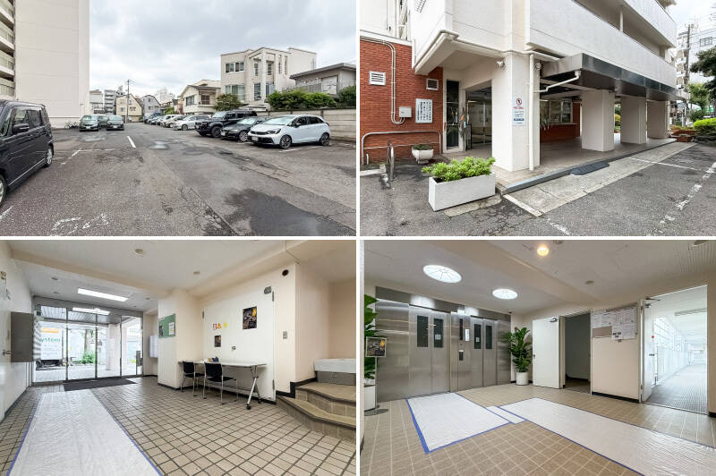 <b>左上・</b>敷地内には広大な平置き駐車場があり、<b>今回ご紹介する住戸には1区画分の専用使用権が付いてきて、使用料はなんと月額4,100円。</b>東京都心の相場よりずっと低くてうれしい悲鳴です！／<b>右上・</b>エントランスには外に面する形で管理人室があり、管理人さんは平日9時から17時まで、土曜日も午前中に勤務していらっしゃいます。取材時はちょうど七夕の笹飾りが出されており、温かなコミュニティが垣間見えてほっこり♡／<b>左下・</b>共用ロビーはシンプル。短冊を描くコーナーが設置されていました！／<b>右下・</b>戸数が多いため、エレベーターは2機用意されています。