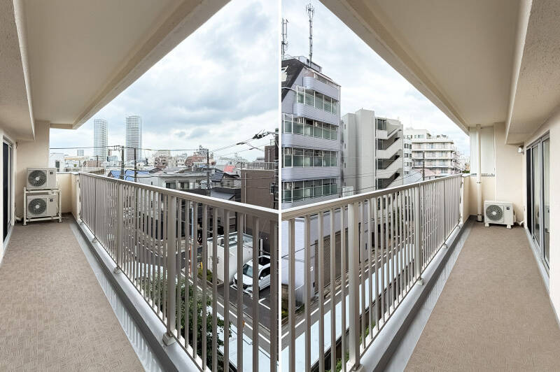 バルコニーは洋室Aの前まで続くロングサイズ。左手には「武蔵小山」のタワーマンションが見えますね。