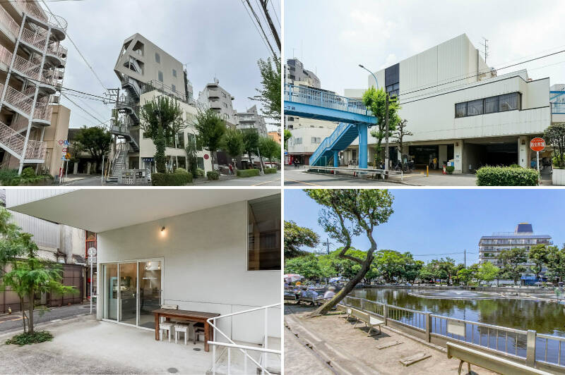 <b>左上・</b>マンションお向かいに建つビル。1階には「魚屋食堂 さんかく」、6階には各国のナチュラルワインが楽しめる「&amp;WINE」が入っています。（徒歩1分）／<b>右上・</b>同じ通り沿いには「目黒本町図書館」。家族で利用できる区の施設が近くにあるってうれしいですよね。（徒歩5分）／<b>左下・</b>こぢんまりとした外観が可愛い「söpö bagel（ソポベーグル）武蔵小山」。食感は “カリもち” なんだとか♡（徒歩5分）／<b>右下・</b>釣りがしたくなったら「清水池公園」の釣り堀へGOです。（徒歩8分）