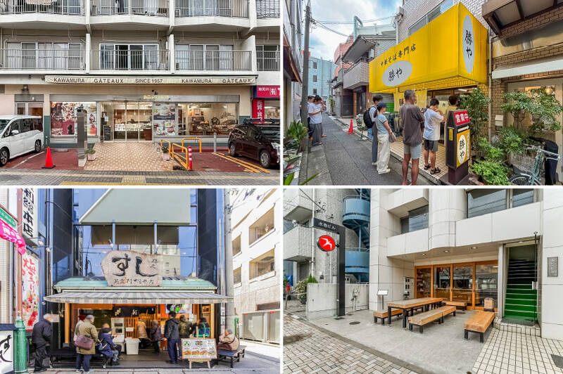 <b>左上・</b>1957年創業の洋菓子店「カワムラガトー 梅丘本店」。特別な日はもちろん、何気ない日にも立ち寄りたくなる一軒です。（徒歩6分）／<b>右上・</b>中華そば専門店「勝や」。売主さまのおすすめは、生玉子麺。ご賞味あれ。（徒歩5分）／<b>左下・</b>連日行列ができる人気寿司店「すしの美登利総本店 梅丘本館」。本店ならではの活気も魅力。事前予約がおすすめです。（徒歩5分）／<b>右下・</b>カフェ「フグレン 羽根木公園」。羽根木公園へ向かう前に、コーヒーをテイクアウトするのが定番コースになりそうです。（徒歩8分）