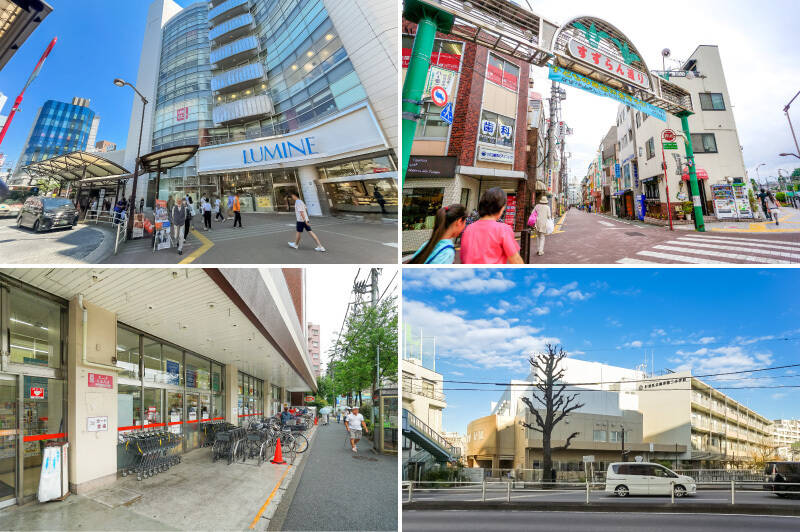<b>左上・</b>最寄りはJR中央本線・総武線、東京メトロ丸ノ内線・東西線が乗り入れる「荻窪」駅（徒歩6分）。「ルミネ荻窪」「TOWN SEVEN（タウンセブン）」と言った商業ビルが立ち並ぶ賑やかな街で、お買い物には困りません◎／<b>右上・</b>物件へは、駅から続く「すずらん通り商店街」を通り抜けて環八に出るのがおすすめです。（徒歩2分）／<b>左下・</b>川を挟んだ隣のブロックには「オーケー 荻窪店」が。これは頼もしいですね！ 食糧事情はオーケーです。（徒歩2分）／<b>右下・</b>2026年現在学区指定の「桃井第二小学校」まで徒歩2分。歩道橋を渡るとすぐそこなので、お子さまの通学も安心ですね◎ ちなみに校舎は2019年に建て替えられたばかりでなかなかキレイなんですよ。