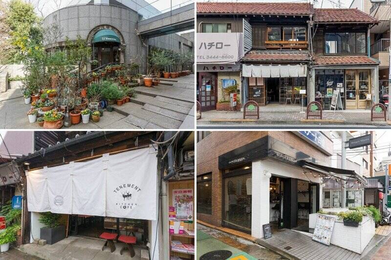 <b>左上・</b>マンション周辺には話題のビストロや隠れ家的なお店が点在。「LA BISBOCCIA（ラ ビスボッチャ）」はイタリア政府公認のレストランで、味はもちろん見た目にも美しい料理を堪能できます。（徒歩3分）／<b>右上・</b>こちらは元・古本屋を改装したカフェ「HAPPY HOUR（ハッピーアワー）」。居心地のよい空間で味わうサラダやサンドイッチが絶品です。（徒歩2分）／<b>左下・</b>その近くには長屋を改装したチーズケーキの専門店カフェ「tenement（テネメント）」も。（徒歩2分）／<b>右下・</b>さらに白金方面へ歩くと、素材にこだわった本格ハンバーガーが食べられる「Burger Mania（バーガーマニア）白金店」があります。（徒歩5分）<br>