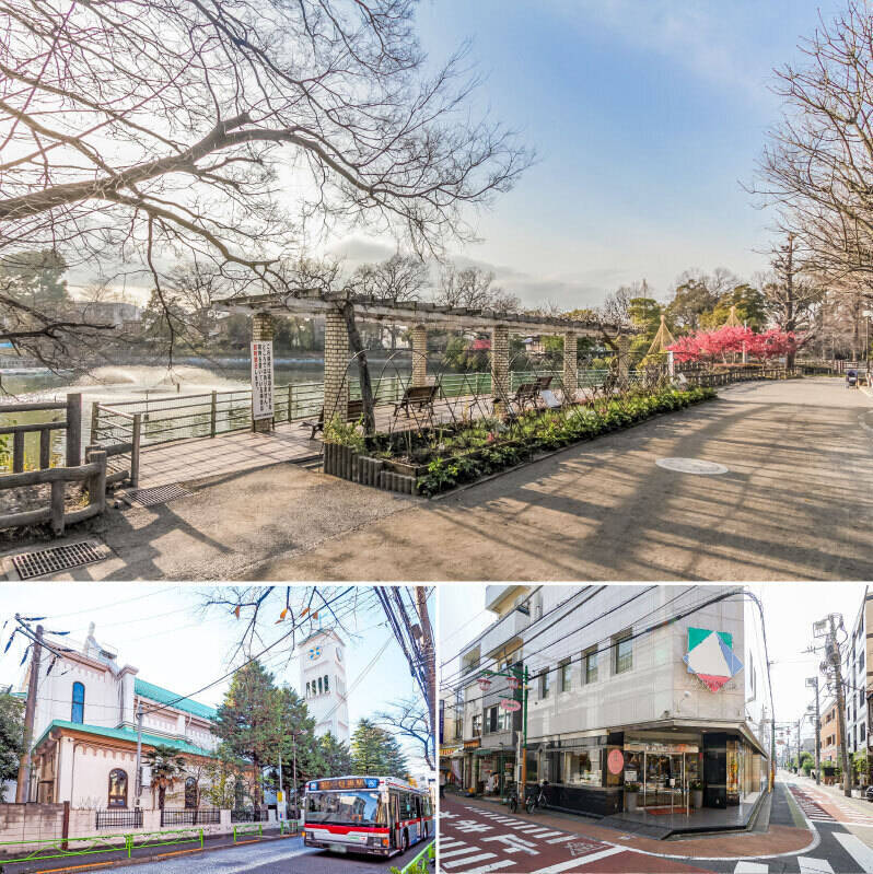 <b>上・</b>「碑文谷公園」は、豊かな緑と弁天池が広がる、目黒区を代表する憩いのスポット。園内の「こども動物広場」ではポニー乗馬や小動物との触れ合い、池ではボート遊びが楽しめるため、お休みの日にご家族で穏やかな時間を過ごせそうです。(徒歩7分)/<b>左下・</b>徒歩9分の場所に美しい佇まいを見せる「サレジオ教会」は、地域のシンボルとして長く愛される歴史ある教会。厳かな聖堂内はどなたでも見学や参拝ができるよう開かれており、一歩足を踏み入れれば、美しいステンドグラスの光が織りなす静謐な空気に包まれます。/<b>右下・</b>1952年の創業以来、世代を超えて地域で愛され続ける老舗洋菓子店「MATTERHORN(マッターホーン)」。名物のバウムクーヘンをはじめ、鈴木信太郎画伯の愛らしいイラストが施された上品なお菓子は、日々のおやつにはもちろん、おもてなしや手土産にも重宝しますよ。(徒歩9分)
