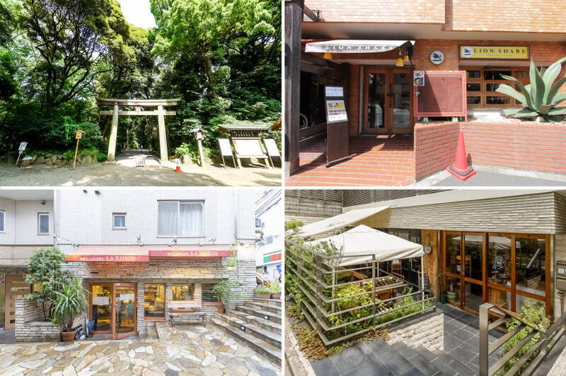 <b>左上・</b>「明治神宮」は地図で見ると近いのですが、出入りはこちらの「明治神宮西参道口」（徒歩9分）から。敷地内を抜けていくと「原宿」までも歩いて行けます。もちろん「代々木公園」もお散歩圏内です。／<b>右上・</b>こちらは本格派インドカレーの「LION SHARE（ライオンシェア）」。油や塩分はほとんど使わず、無添加の素材で勝負する100%手作りのカレーがいただけます。（徒歩3分）／<b>左下・</b>豊富な種類のパンが楽しめる「Boulangerie LA SAISON（ブーランジュリー ラ・セゾン）本店」。デニッシュも惣菜パンも全部おいしそう〜！（徒歩11分）／<b>右下・</b>カフェ「LIFE son（ライフ サン）」では、 三浦野菜をたっぷり使ったメニューが人気。帰りはお隣の「TARUI BAKERY（タルイベーカリー）」でパンを買うのもおすすめです。