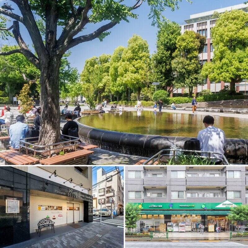 <b>上・</b>「教育の森公園」は、文京区内でも規模の大きな公園のひとつ。点在する美術彫刻や、桜・紅葉といった四季の移ろいが、日々の暮らしに豊かな彩りを添えてくれます。(徒歩9分)/<b>左下・</b>ケーキ、焼き菓子を中心とした洋菓子専門店「Patisserie Hiyama(パティスリーヒヤマ)」。お祝い事はもちろんのこと、手土産にもおすすめです。(徒歩5分)/<b>右下・</b>最寄りのスーパーは「マルエツプチ 千石店」。駅からマンションまでの通り道にあるので、平日のお買い物に便利です。(徒歩4分)