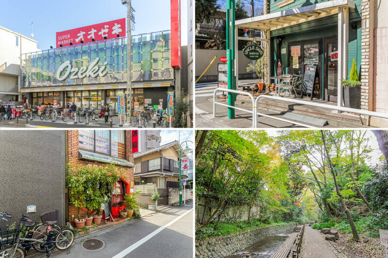 <b>左上・</b>駅近くにあるスーパー「オオゼキ 上野毛店」。朝10時から21時まで営業しており、仕事終わりによく助けられたとおっしゃる売主さま。（徒歩7分）／<b>右上・</b>アメリカンスタイルのサンドウィッチ専門店「UNCLESAM'S SANDWICH（アンクルサムズ サンドウィッチ）」。テイクアウトして二子玉川公園でピクニックなんておすすめですよ。（徒歩5分）／<b>左下・</b>地元で長く愛される中華料理店「鴻龍」。チャーハンがおいしいと評判です。テイクアウトにも◎（徒歩7分）／<b>右下・</b>森林浴を楽しめる「等々力渓谷」は暑い夏でも涼しさを感じられそう。散歩やジョギングにいかがでしょうか。（徒歩10分）