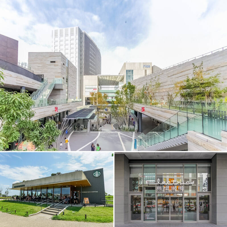 <b>上・</b>駅前に広がる商業施設「二子玉川rise（ライズ）」。ショッピング施設やレストラン、映画館などが揃う大型複合施設。都心まで出なくても、日常の買い物から休日のお出かけまで楽しめます。（徒歩14分）／<b>左下・</b>ここで過ごす時間が “癒し” だったという、売主さまお気に入りの「スターバックスコーヒー 二子玉川公園店」。多摩川ののびやかな空気に包まれながら味わうコーヒーは格別です♪（徒歩12分）／<b>右下・</b>コンシェルジュが常駐する「二子玉川 蔦屋家電」。館内のシェアラウンジで、気分を変えて仕事をするのもよさそうです。（徒歩18分）