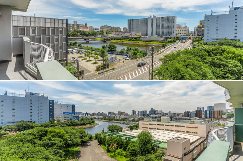 思わず叫びたくなるような爽快感！「鮫洲ポンプ所」と公園のグリーンに、「勝島運河」。左右を見渡せば遠くまで視界が抜け、この開放感がとにかく気持ちいい！