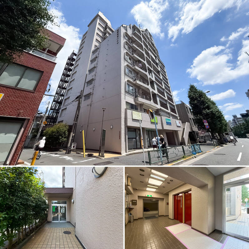 青梅街道沿いに建つ、1974年築、総戸数85戸のマンションです。1階には介護事務所などがテナントとして入り、エントランスは側道沿いにひっそりとあります。植栽が目隠ししてくれているのがいいですね！ 共用ロビーには赤い扉のエレベーターが2機並び、管理人さんは月曜日〜金曜日と隔週の土曜に勤務されています。