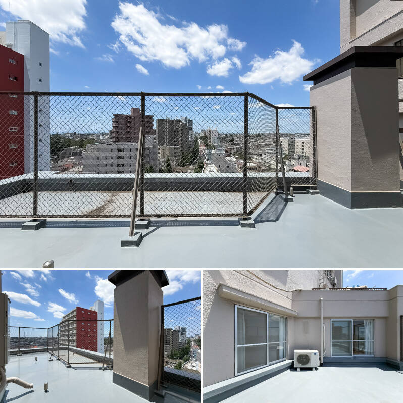 <b>上・</b>北西側は青梅街道ビュー。／<b>左下・</b>間に塔やマンションが見えるので “パノラマな景色” とまではいきませんが、十分な開放感です。／<b>右下・</b>上階の窓やルーフバルコニーから、時折視線が気になるかもしれません。