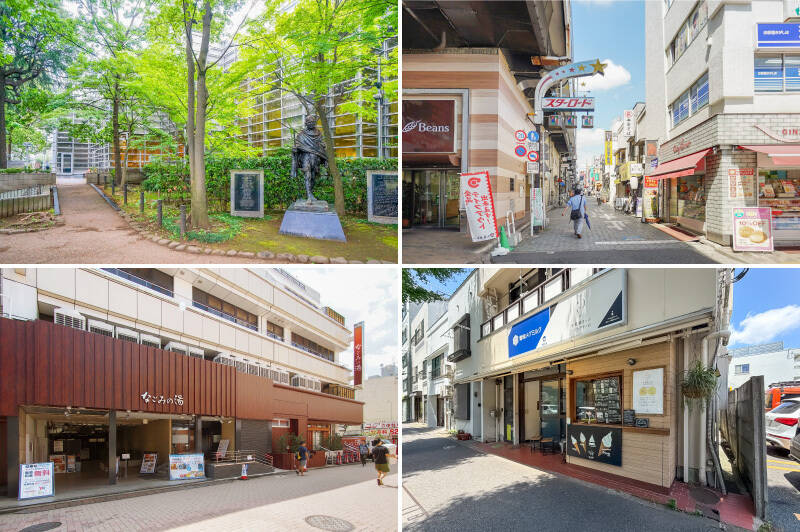 <b>左上・</b>「読書の森公園」に隣接し、カフェを併設した「杉並区立 中央図書館」。緑いっぱいのテラス席もあり、気持ちよく本と向き合えそうです。（徒歩4分）／<b>右上・</b>ハシゴ酒を楽しみたくなったら「阿佐ヶ谷スターロード商店街」を彷徨うのがオススメ。（徒歩9分）／<b>左下・</b>天然温泉に入りたくなったら荻窪駅前の「なごみの湯」へ。料金は銭湯に比べお高めですが、その分サウナや岩盤浴、お食事処や休憩所など、1日中リラックスムードに浸れます。（徒歩15分）／<b>右下・</b>風呂上がりに、日々のご褒美に、徒歩2分の「牛乳屋さんのソフトクリーム」でツヤツヤ系ソフトにかぶりついてください♡