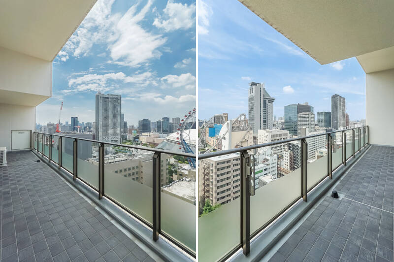 現在地はマンション最上階である地上14階です。特に対向してくる視線は無く、伸び伸びと過ごせそう。バルコニーはLDK〜洋室Cにまたがっていて奥行きたっぷりなので、ぜひ外用のチェアを用意して景色を満喫したいところです。