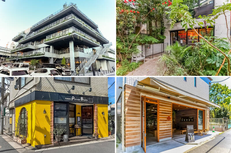 <b>左上・</b>2025年にオープンした商業施設「駒沢パーククォーター」は、カフェやレストラン、スーパーなど、日常使いしやすいお店が揃っています。（徒歩7分）／<b>右上・</b>パン屋さん「griotte bakery cafe（グリオット ベーカリー カフェ）」。おいしいパンを片手に駒沢公園でピクニック、なんて休日も素敵。（徒歩2分）／<b>左下・</b>「ピッコロボスコ」。落ち着いた雰囲気の店内で、美味しいイタリアンをいただけます。（徒歩1分）／<b>右下・</b>駒沢公園に近い「スターバックス コーヒー 駒沢1丁目店」。サッシが大きく開放感のある店内。ワンコ連れOKの席もありますよ。（徒歩12分）<br>