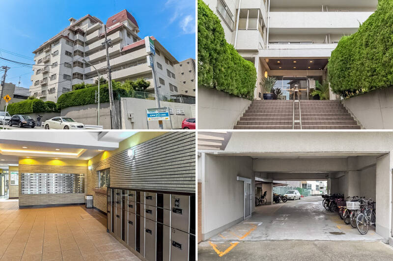 <b>左上・</b>1974年竣工、総戸数61戸のマンション。赤茶色の屋根が目を引く、どこか愛らしい佇まいです。／<b>右上・</b>エントランスは階段を上った先に。ヤシの木などの植栽が彩りを添え、気持ちよく迎えてくれます。／<b>左下・</b>エレベーターホールには宅配ボックスを完備。築年数を感じにくい清潔感のある印象です。／<b>右下・</b>駐車場と自転車置き場は、共に2026年6月時点で空きがあります。最新の状況はお問い合わせください。