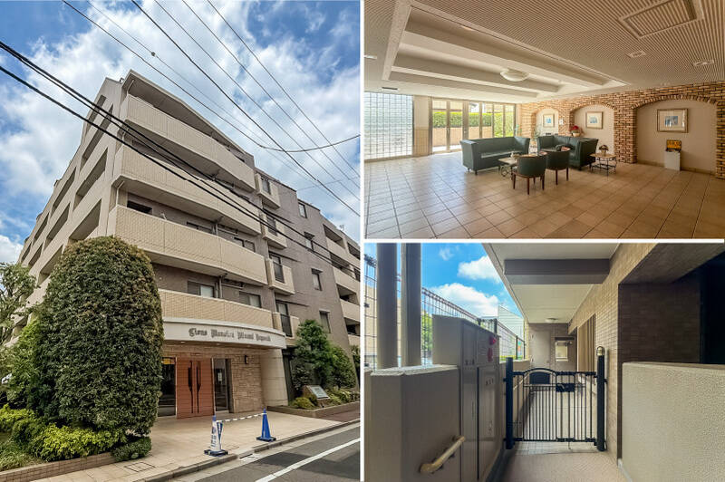 <b>左・</b>7階建て、総戸数58戸のマンション。周辺は戸建てを中心とした低層住宅が並ぶ、落ち着いた住環境です。／<b>右上・</b>エントランスから入った先の共用ホール。レンガ調の壁や置かれた家具が、ヨーロピアンな雰囲気を演出しています♡／<b>右下・</b>門扉とポーチ付きの角住戸。プライバシーが守られるのはGOOD！<p><br></p><p>◾️ペット：可（1住戸につき1匹まで）</p><p>◾️管理員：週5日勤務</p>
