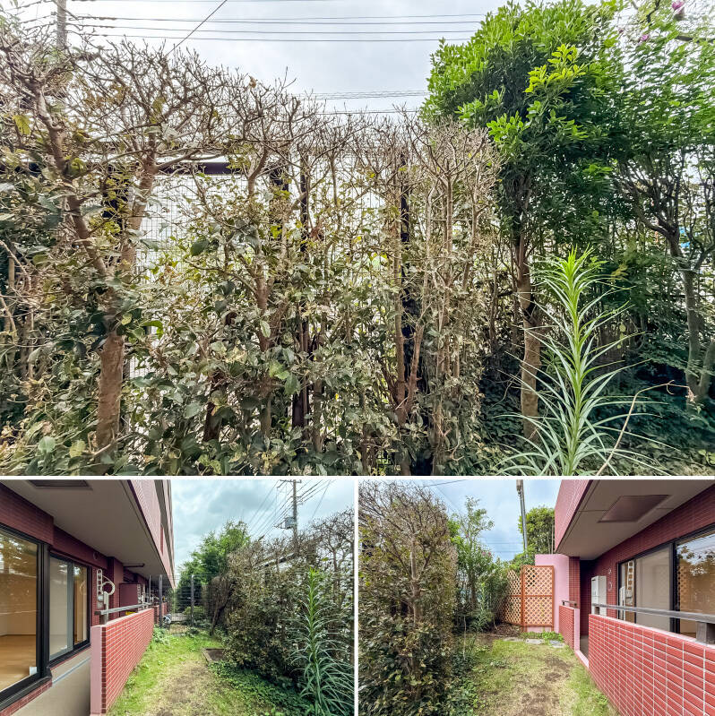 柵と植栽の向こうには細い道路が走っており、その先は広大な畑です。お隣さんとの間はフェンスで仕切られているだけなので、お互いに配慮しながら使うのがいいですね。