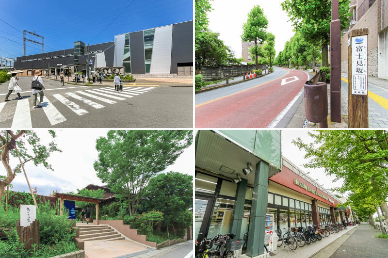 <b>左上・</b>最寄りは田園都市線「宮前平」駅（徒歩5分）。「二子玉川」駅まで乗車時間約11分、「渋谷」駅まで約27分と、都心に出やすいのが魅力です。／<b>右上・</b>駅からはこちらの「富士見坂」を徒歩5分ほど上ります。／<b>左下・</b>その坂道からちょっと逸れると現れるのが「宮前平源泉 湯けむりの庄」。遠方からわざわざ訪れる方も多い、とっても人気のある温泉施設なんですよ！（徒歩2分）／<b>右下・</b>坂の下には「成城石井 宮前平店」（徒歩5分）がありますが、坂の上にも「いなげや 川崎土橋店」（徒歩5分）が。