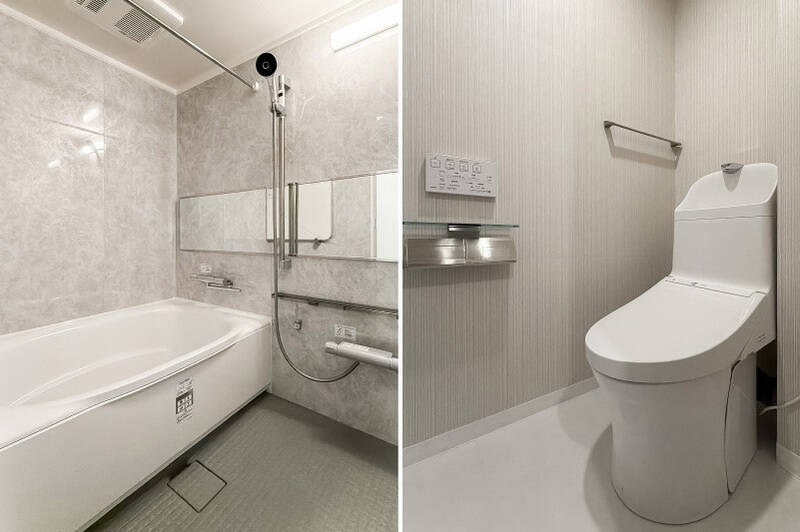 <b>左・</b>バスルームはゆったりとした1418サイズ。浴室乾燥機付きです。／<b>右・</b>トイレは洗面室からアクセスします。