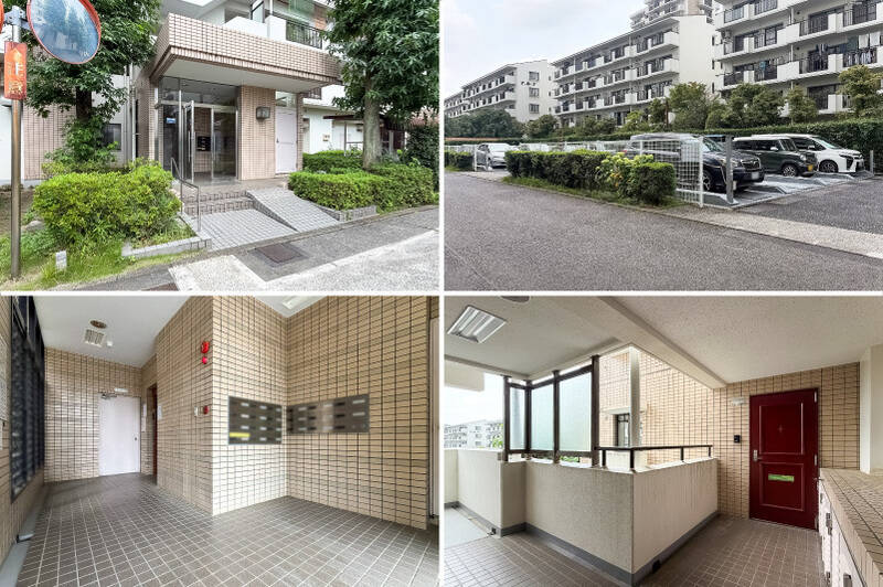 <b>左上・</b>エントランスはスロープ付き。／<b>右上・</b>駐車場は機械式で、2026年1月時点で空きがあります。最新の空き状況はお問い合わせください。／<b>左下・</b>エレベーターで3階へ。／<b>右下・</b>住戸前に到着。三方向に開かれた角住戸です。