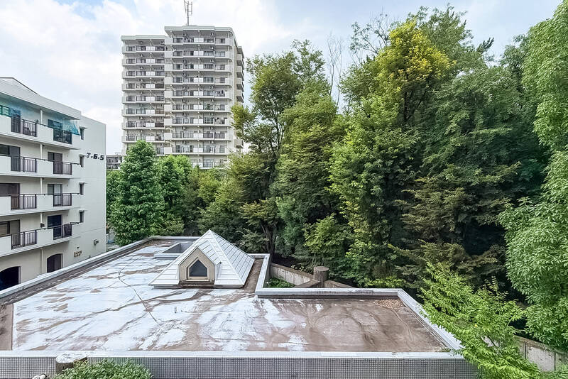 北側に面したバルコニーからの景色。目の前にはマンションの管理事務所と集会所がありますが、低い建物なので圧迫感はありません。
