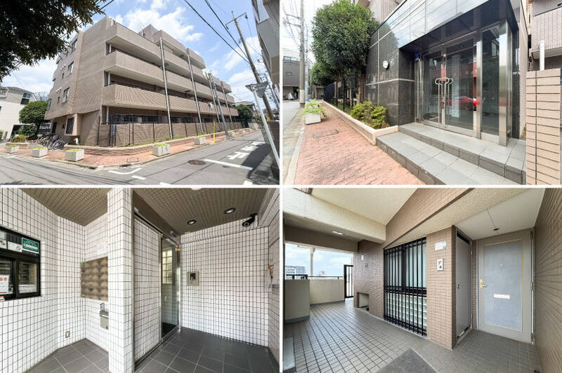 <b>左上・</b>1992年築、<b>新耐震基準</b>に適合したマンション。／<b>右上・</b>こちらはエントランス。共用部、植栽共にきれいに整備されている印象ですね。／<b>左下・</b>共用ホールにはオートロックを完備。管理人室もこちらにあり、平日8:00〜11:00で勤務されています。／<b>右下・</b>住戸がある5階は2戸のみ。玄関前のスペースが広く取られており、プライバシーにも配慮されています。