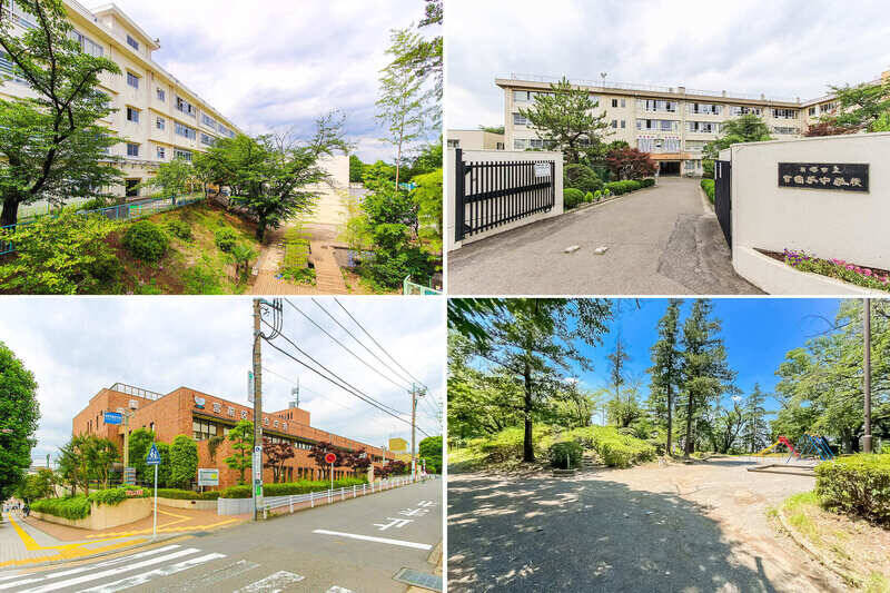 <b>左上・</b>マンションエントランスのお向かいには2026年7月時点で学区指定されている「川崎市立 富士見台小学校」が！ 道路を一本渡ればいいだけなのは通学面で安心ですし、万が一忘れ物をしてもすぐ届けに行ける距離です。（徒歩1分）／<b>右上・</b>さらに2026年7月時点で学区指定されている「川崎市立 宮前平中学校」にも徒歩6分。／<b>左下・</b>「川崎市立 宮前図書館」にも徒歩5分。／<b>右下・</b>更にさらに、周辺には公園が点在。こちらは徒歩6分の「土橋1丁目公園」。