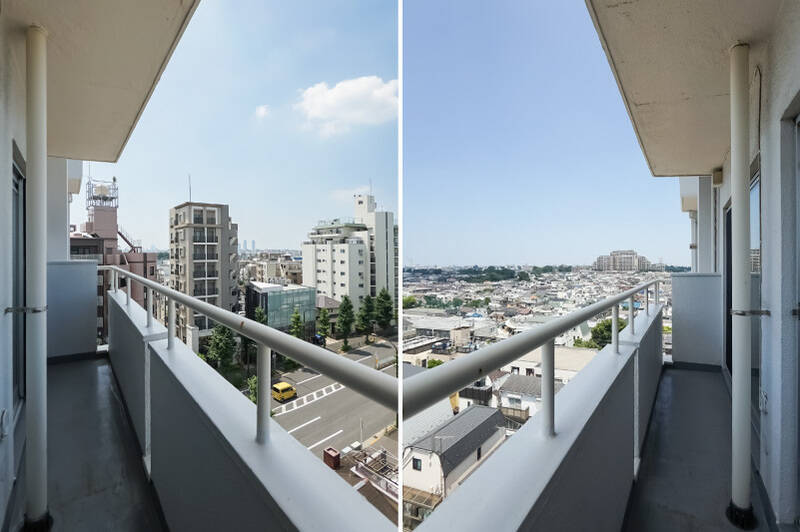北側（写真右）には低層住宅街が広がり、視線が抜けています。そして正面の高層マンションの奥には、「駒沢オリンピック公園」が。