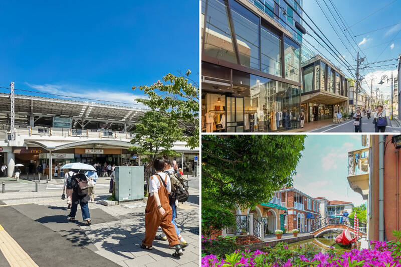 <b>左・</b>「自由が丘」は特急停車駅。駅前から路地まで大小さまざまなお店が点在し、歩くたびに新しい発見がある街です。（徒歩12分）／<b>右上・</b>駅からマンションへは「カトレア通り」を進みます。カフェや雑貨店などが並び、寄り道しながら歩きたくなる通りです。（徒歩4分）／<b>右下・</b>さらに歩くと、ベネチアの街並みをモチーフにした商業施設「LA VITA（ラ・ヴィータ）」へ。レンガ造りの洋館や石畳が広がり、まるで海外を訪れたような気分に。（徒歩8分）
