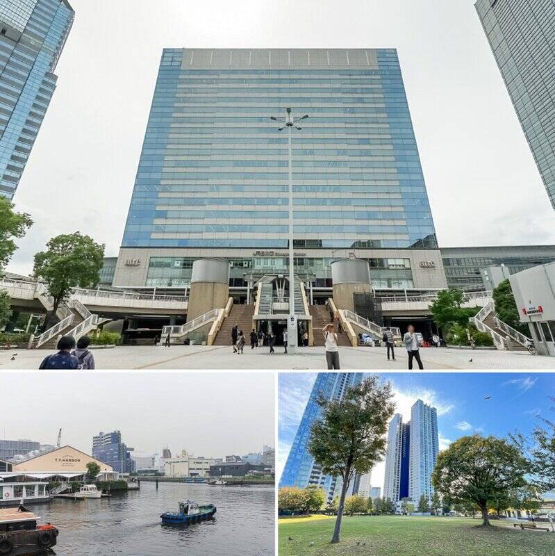 <b>上・</b>今回ご紹介したマンションは、JR山手線をはじめ複数路線が利用できる「品川」駅から徒歩17分。りんかい線「天王洲アイル」駅からは13分でアクセスできます。都心の利便性を享受しながら、水辺の心地よさをダイレクトに感じられるロケーションです。／<b>左下・</b>運河沿いの倉庫を改装したレストラン「T.Y.HARBOR（ティー・ワイ・ハーバー）」。水辺のテラス席で、モダンアメリカンな料理やクラフトビールを堪能できます。（徒歩12分）／<b>右下・</b>マンションに隣接する「港南緑水公園」は、京浜運河を望む緑豊かな公園。エリア分けされたドッグラン「港ドッグパーク」が併設されているのは、愛犬家にはうれしいポイント！ 運河の心地よい風を感じながら、愛犬と健やかな休日を過ごせる場所です。（徒歩1分）