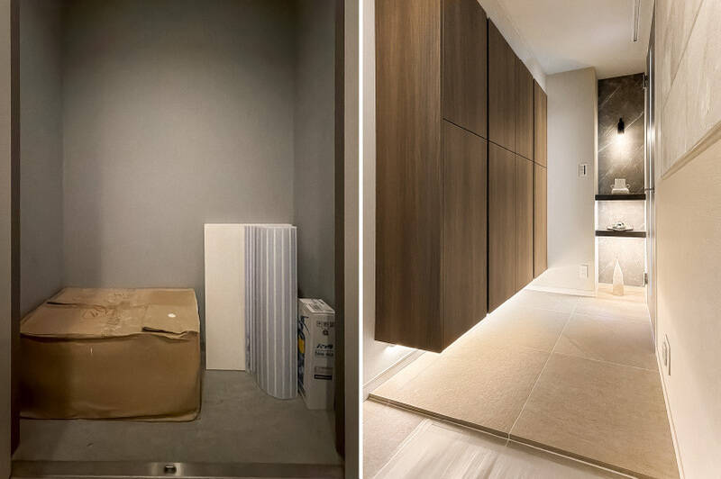 <b>左・</b>……の前に！ 住戸前には専用のトランクルームが設けられています。シーズンオフの家電やキャンプグッズなどはこちらに収納するのがよさそう。／<b>右・</b>改めまして、お邪魔します。大判タイル張りによって、重厚感を味わえる玄関まわり。左手にはトールタイプで大容量のシューズクローゼットが用意されています。