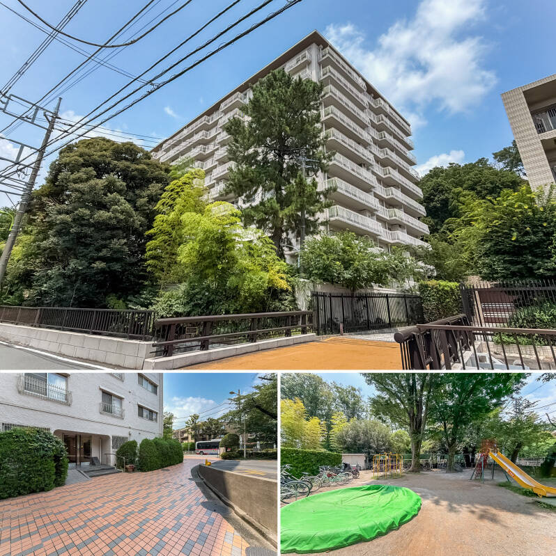 <b>上・</b>マンションの周囲には緑が広がります。/<b>左下・</b>エントランスでは、爽やかなオレンジ&グレーのタイルと植栽がお出迎え。棟ごとに出入り口が分かれています。/<b>右下・</b>敷地内には公園も。<div><p><br></p><p>◾️竣工:1970年</p><p>◾️総戸数:119戸</p><p>◾️ペット:飼育可(細則あり)</p><p>◾️2021年に大規模修繕工事実施済み</p></div>