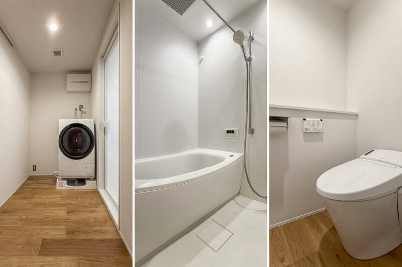 洗濯機置き場のある脱衣室から、浴室とトイレへアクセス。浴室は1216サイズです。