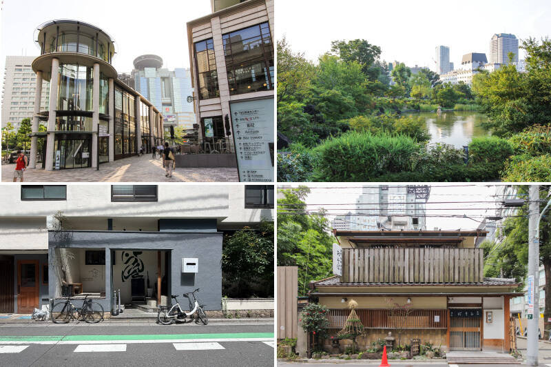 <b>左上・</b>TBS放送センター、赤坂BLITZスタジオ、赤坂ACTシアターなど様々な施設が入る「赤坂サカス」。街の顔になっています。（徒歩7分）／<b>右上・</b>東京ミッドタウンに隣接する「檜町公園」は散歩で訪れたい癒しのスポット。（徒歩4分）／<b>左下・</b>60年ほど前に創業した料亭を改装した「Sabasu（サバス）」。サワードウのピザやナチュラルワインがいただけます。（徒歩2分）／<b>右下・</b>老舗が多いのも赤坂の魅力。こちらは1964年開業の老舗蕎麦屋「室町砂場 赤坂店」。（徒歩5分）
