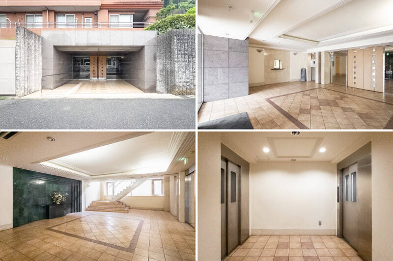 <b>左上・</b>通りに面したエントランスは地下1階に位置します。／<b>右上・</b>風除室には管理員室を併設。オートロックや宅配ボックスも備わっています。／<b>左下・</b>エントランスホールはクラシカルな雰囲気。ひとつ上の1階には、コミュニティールームやフィットネスルームなどの共用施設があります。／<b>右下・</b>エレベーターで4階へ。