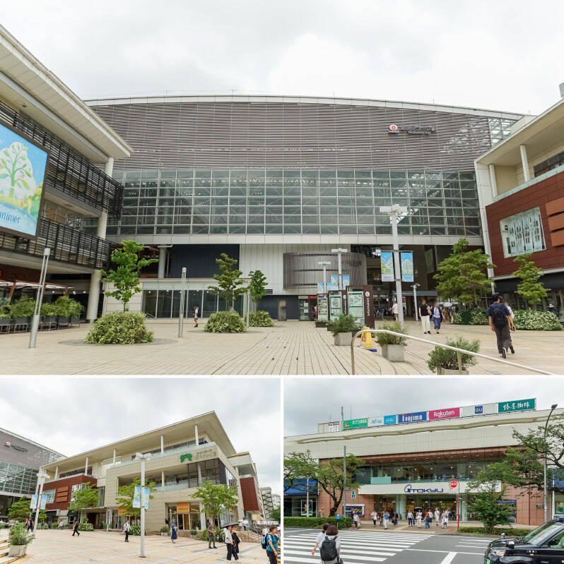 <b>上・</b>東急田園都市線の急行停車駅「たまプラーザ」が最寄り。駅周辺には商業施設が多く集まり、暮らしに必要な物は駅前で揃いますよ。（徒歩15分）／<b>左下・</b>駅直結の複合施設「たまプラーザ テラス」には、有名セレクトショップや生活雑貨店、書店、レストランなどさまざまなテナントが入居。／<b>右下・</b>道路を挟んで「東急百貨店 たまプラーザ店」にも多くのテナントが入っていますよ。