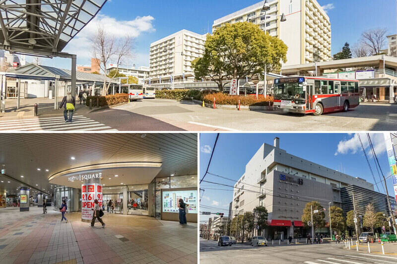 <b>上・</b>東急田園都市線の「青葉台」が最寄り駅。急行・準急列車が停まり、渋谷までは乗車約34分です。（徒歩20分）／<b>下・</b>駅周辺には4館で構成される『青葉台東急スクエア』が。衣食住の幅広いショップが入居しています。（徒歩20分）