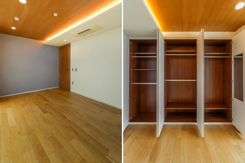 <b>左・</b>洋室も、床や建具には無垢材が使用されています。/<b>右・</b>クローゼットは奥行きが深く、頼もしい収納容量です。
