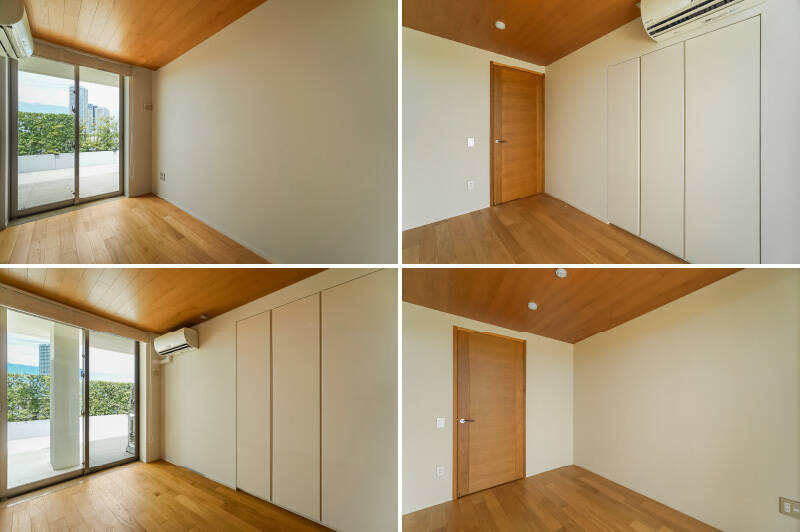 住戸の真ん中に位置しているふたつの個室です。洋室B(上)は約5.1帖、洋室C(下)は約4.6帖。どちらもルーフテラスに面した大きな窓があり、奥行きの深いクローゼットを備えています。