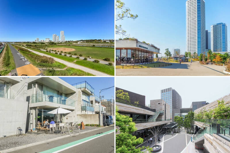<b>左上・</b>マンションの目の前を悠々と流れる「多摩川」。都内・世田谷アドレスの物件でありながら、これほど大きな空を享受できるのは川沿いならではの特権です。/<b>右上・</b>物件と駅との間にある「二子玉川公園」。スタバあり、日本庭園ありの、お散歩に気持ちいい公園です。(徒歩3分)/<b>左下・</b>ペットと一緒にひと休みするなら「CHICHICAFE(チチカフェ)」はいかがでしょうか♡ テラス席では、川沿いの気持ちよい風を感じながらランチができますよ。(徒歩10分)/<b>右下・</b>ニコタマといえば、駅隣接の商業施設「二子玉川ライズ」。ショッピング施設やレストラン、映画館などなんでも揃っています。車の危険がなく、キッズスペースや広場が多く用意されている子育て世帯の強い味方です。(徒歩10分)
