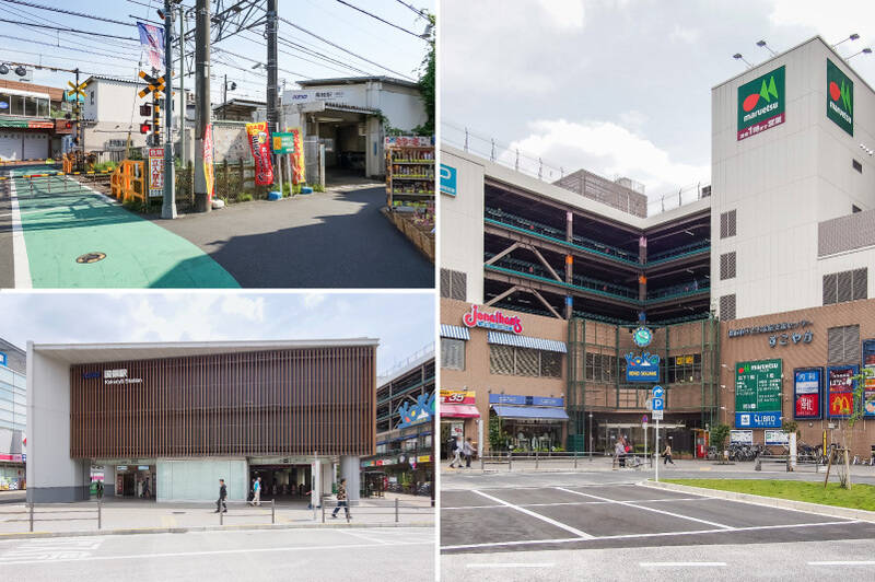 <b>左上・</b>最寄り駅の京王線「柴崎」駅までは徒歩13分。ローカルな空気が漂う街です。「新宿」駅までは乗車約34分。/<b>左下・</b>もうひとつの最寄りは隣駅の「国領」駅(徒歩14分)。駅前は整備され、すっきりとしています。/<b>右・</b>「国領」駅すぐ隣には商業施設「ココスクエア」が。スーパーやクリニック、カルチャーセンター、子ども家庭支援センターなど、暮らしを支える店舗や施設が揃っています。(徒歩14分)